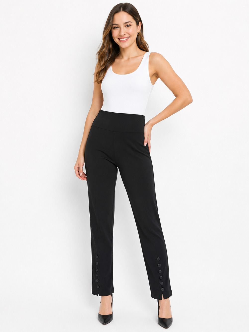 Sympli Womens Tall Pants Jersey Pants Size 8 Black Button Hem Leggings Stretch